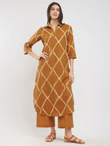 Cotton Dabu Geometric Kurta Set - Mustard