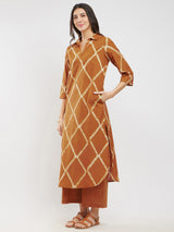 Cotton Dabu Geometric Kurta Set - Mustard