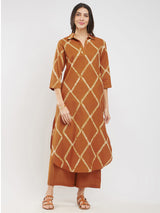 Cotton Dabu Geometric Kurta Set - Mustard