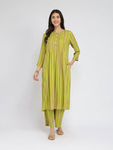 Rayon Striped Pintuck Detail Kurta Set - Green