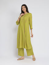 Rayon Striped Pintuck Detail Kurta Set - Green