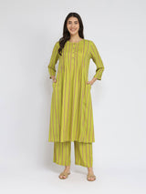 Rayon Striped Pintuck Detail Kurta Set - Green