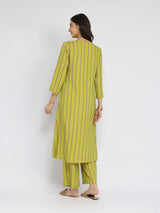 Rayon Striped Pintuck Detail Kurta Set - Green