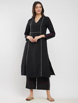 Rayon Solid Contrast Piping Kurta Set - Black