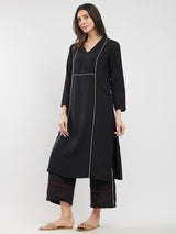 Rayon Solid Contrast Piping Kurta Set - Black
