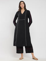 Rayon Solid Contrast Piping Kurta Set - Black