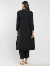 Rayon Solid Contrast Piping Kurta Set - Black