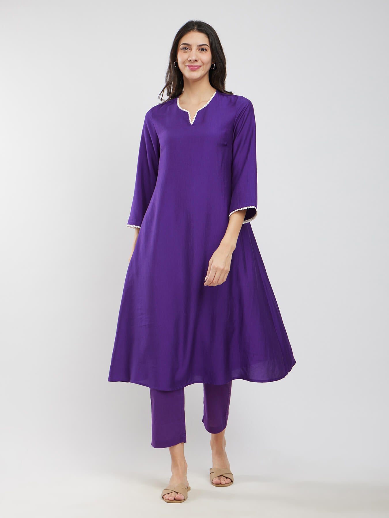 Rayon Solid Lace Detail Kurta Set - Purple
