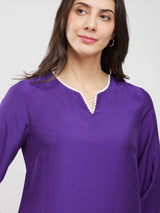 Rayon Solid Lace Detail Kurta Set - Purple