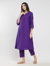 Rayon Solid Lace Detail Kurta Set - Purple