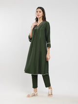 Rayon Solid Lace Detail Kurta Set - Olive