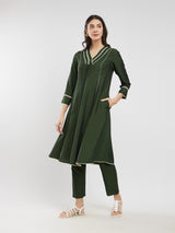 Rayon Solid Lace Detail Kurta Set - Olive