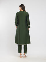 Rayon Solid Lace Detail Kurta Set - Olive