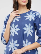 Cotton Dabu Floral Asymmetrical Kurta Set - Blue