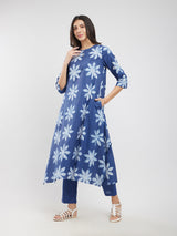Cotton Dabu Floral Asymmetrical Kurta Set - Blue