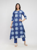 Cotton Dabu Floral Asymmetrical Kurta Set - Blue