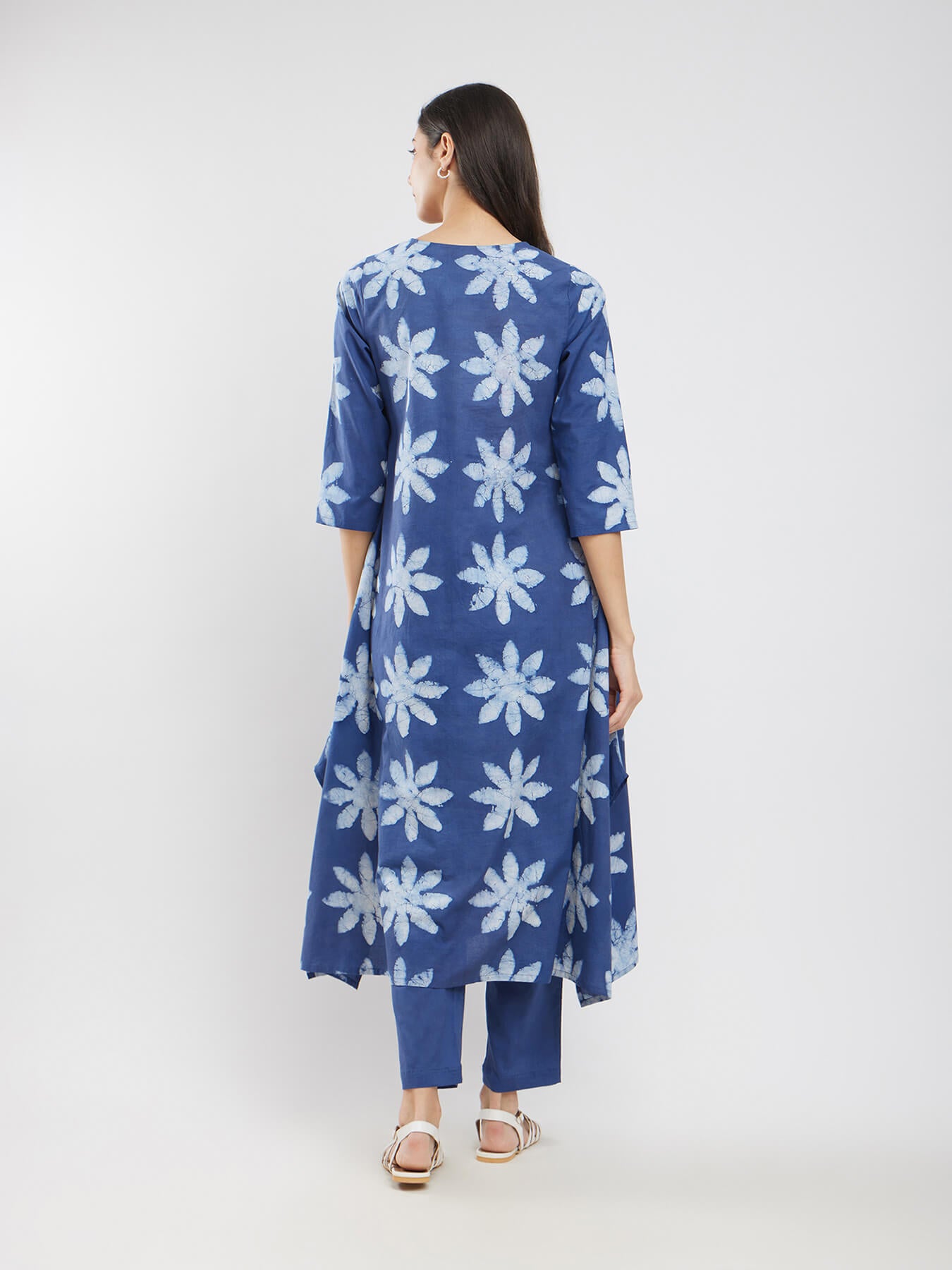 Cotton Dabu Floral Asymmetrical Kurta Set - Blue