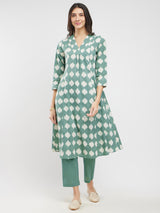 Cotton Dabu Abstract Print Kurta Set - Green