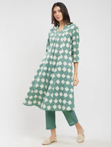 Cotton Dabu Abstract Print Kurta Set - Green