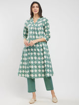 Cotton Dabu Abstract Print Kurta Set - Green