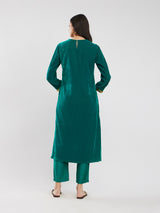 Velvet Yoke Detail Kurta Set - Green