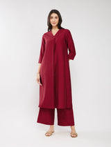 Silk Blend Solid Pleated Kurta Set - Red