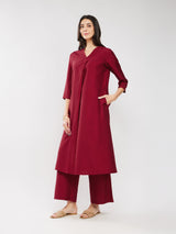 Silk Blend Solid Pleated Kurta Set - Red
