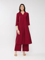 Silk Blend Solid Pleated Kurta Set - Red