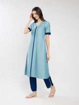 Silk Blend Colourblock Kurta Set - Blue & Teal
