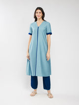 Silk Blend Colourblock Kurta Set - Blue & Teal