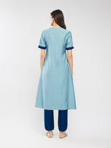 Silk Blend Colourblock Kurta Set - Blue & Teal