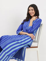 Cotton Stripe V-Neck Kurta Set - Blue
