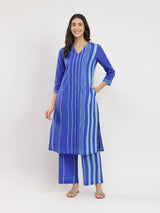 Cotton Stripe V-Neck Kurta Set - Blue