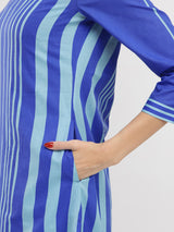 Cotton Stripe V-Neck Kurta Set - Blue