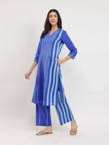 Cotton Stripe V-Neck Kurta Set - Blue