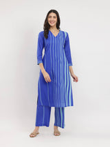 Cotton Stripe V-Neck Kurta Set - Blue
