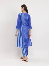 Cotton Stripe V-Neck Kurta Set - Blue