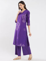 Cotton Bandhani Floral Kurta Set - Purple