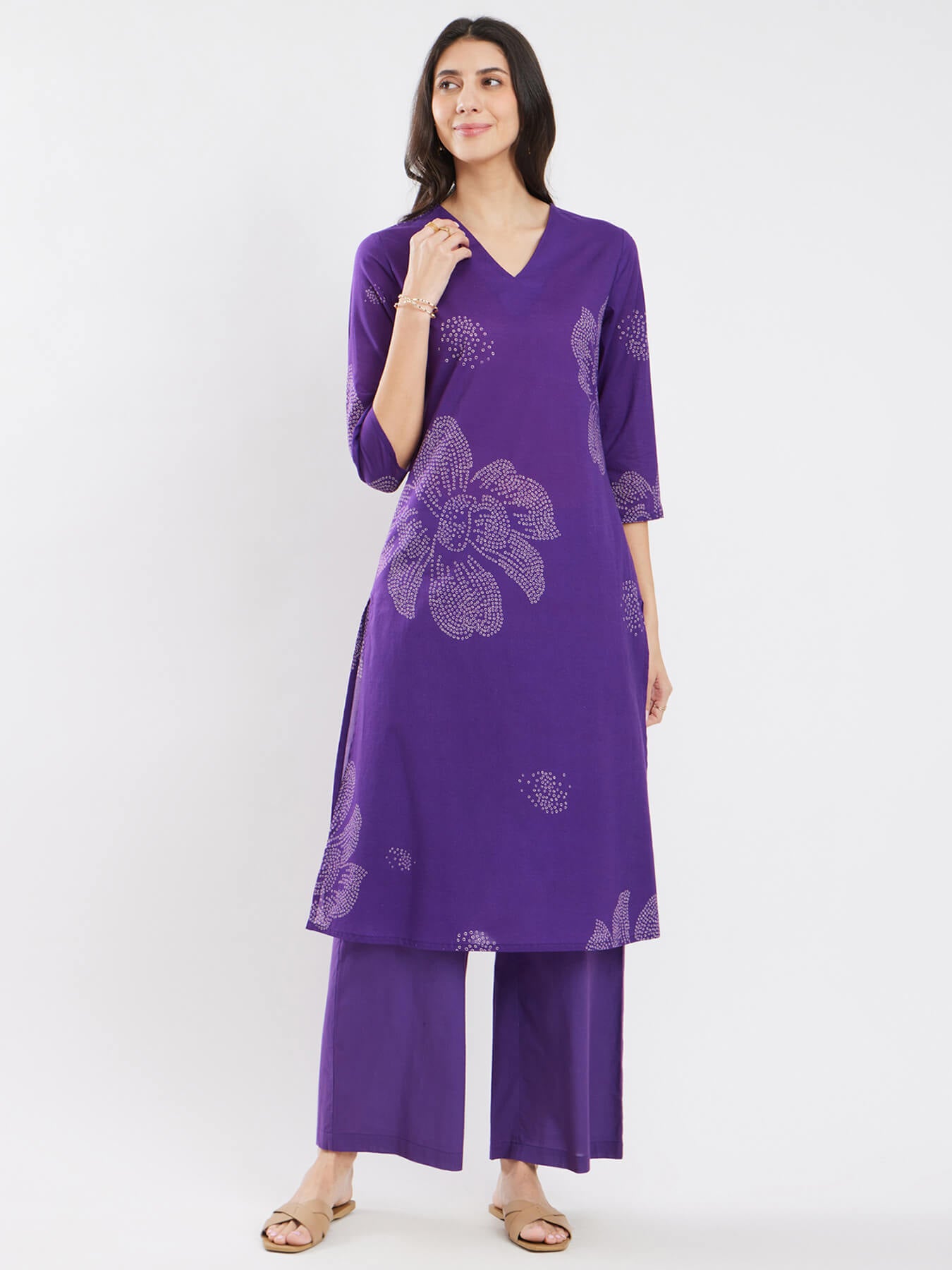 Cotton Bandhani Floral Kurta Set - Purple