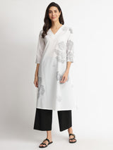Cotton Bandhani Floral Kurta Set - White & Black