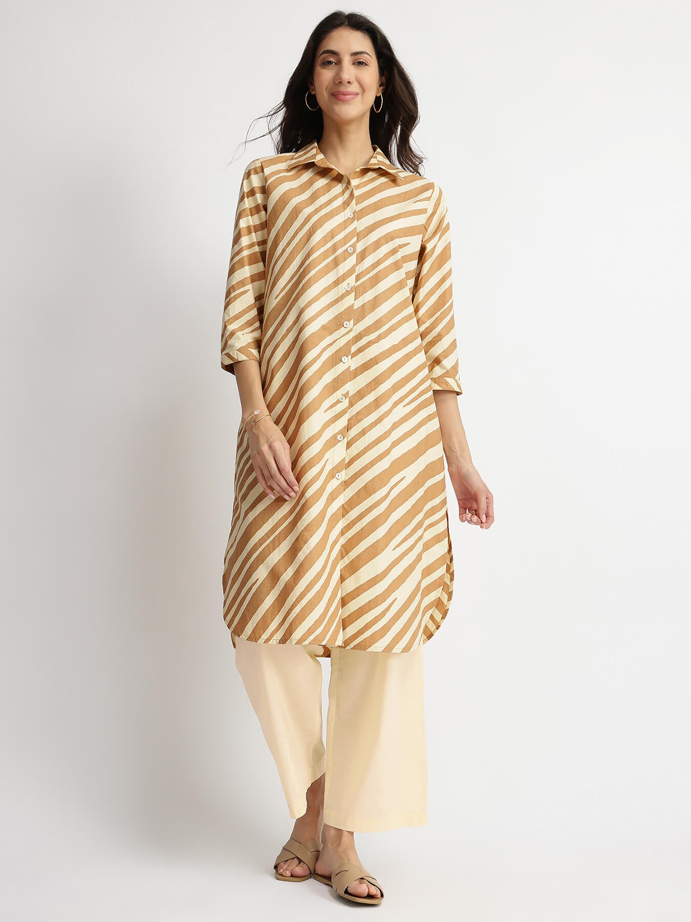 Cotton Striped Shirt Kurta Set - Beige & Off-White