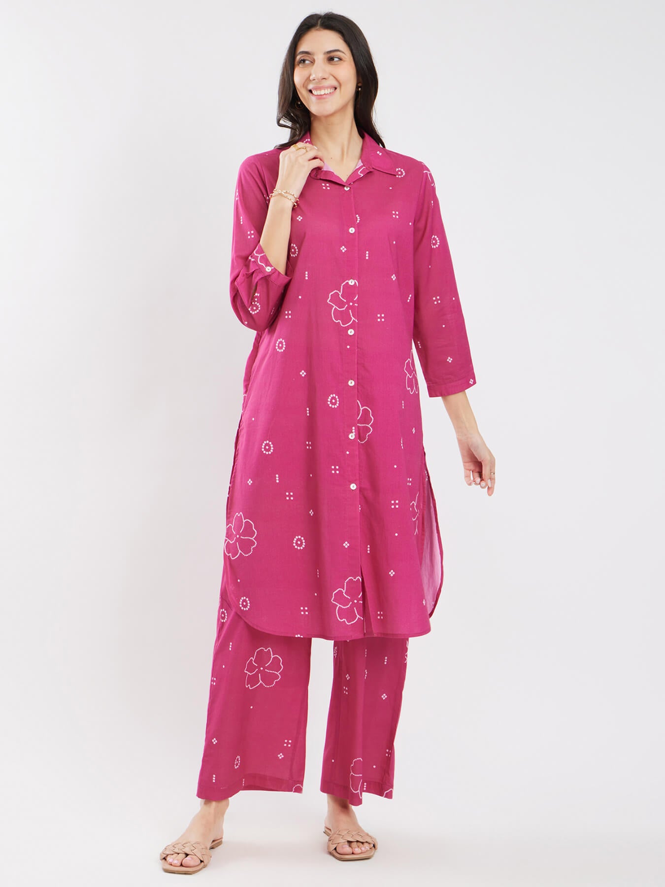Cotton Bandhani Floral Shirt Kurta Set - Pink