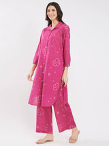 Cotton Bandhani Floral Shirt Kurta Set - Pink