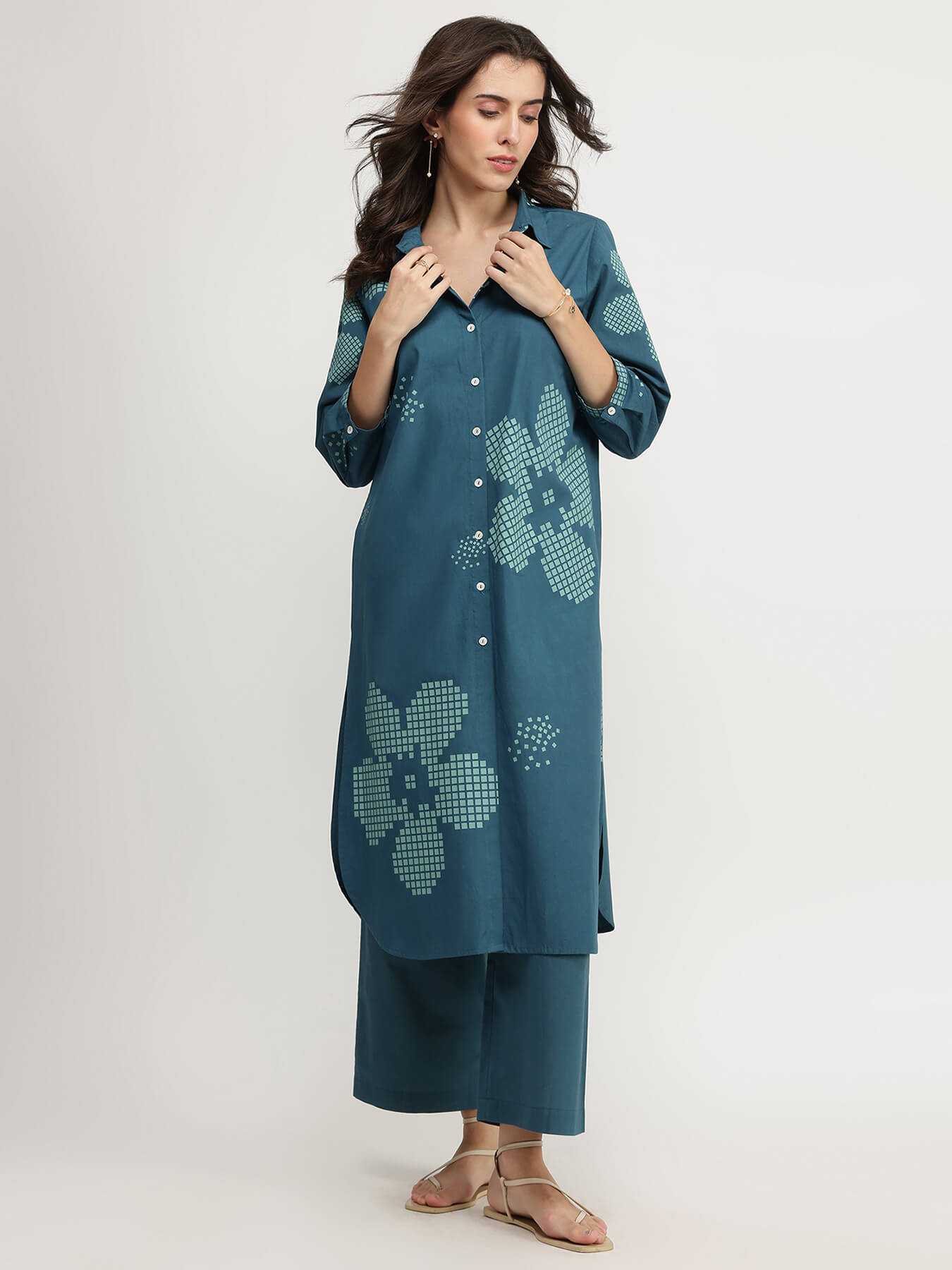 Cotton Floral Shirt Kurta Set - Teal