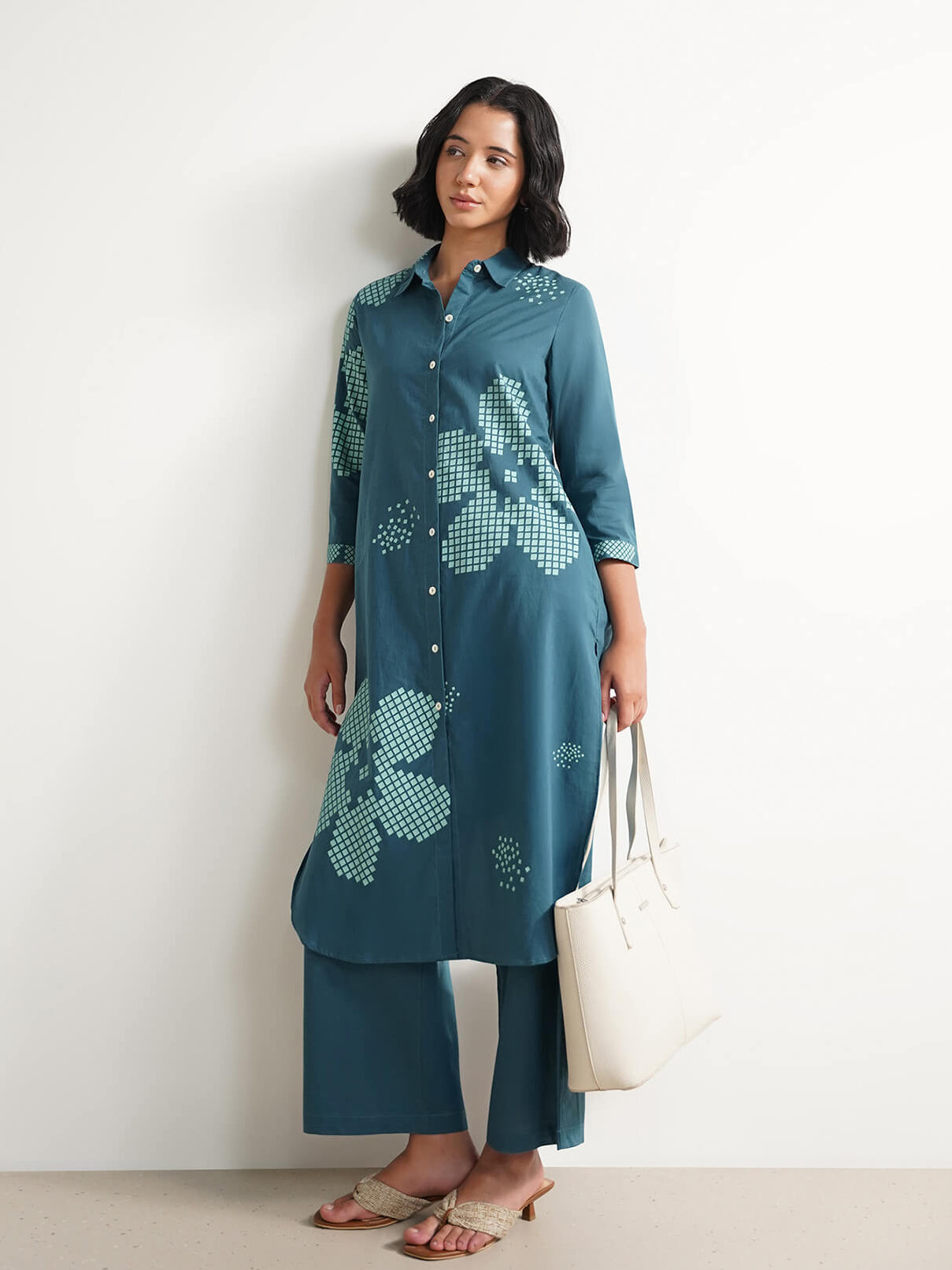 Cotton Floral Shirt Kurta Set - Teal
