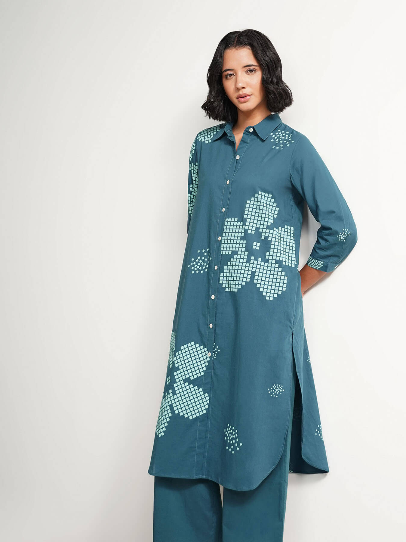 Cotton Floral Shirt Kurta Set - Teal
