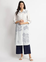 Cotton Bandhani Floral Kurta Set - White & Blue