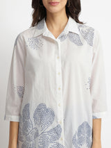 Cotton Bandhani Floral Kurta Set - White & Blue