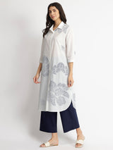 Cotton Bandhani Floral Kurta Set - White & Blue