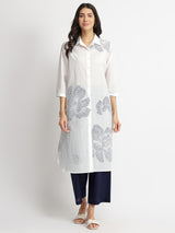 Cotton Bandhani Floral Kurta Set - White & Blue
